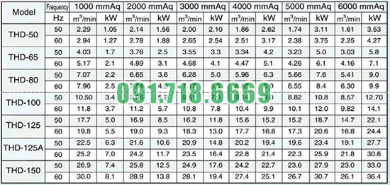 Thông số Máy thổi khí Trundean THD